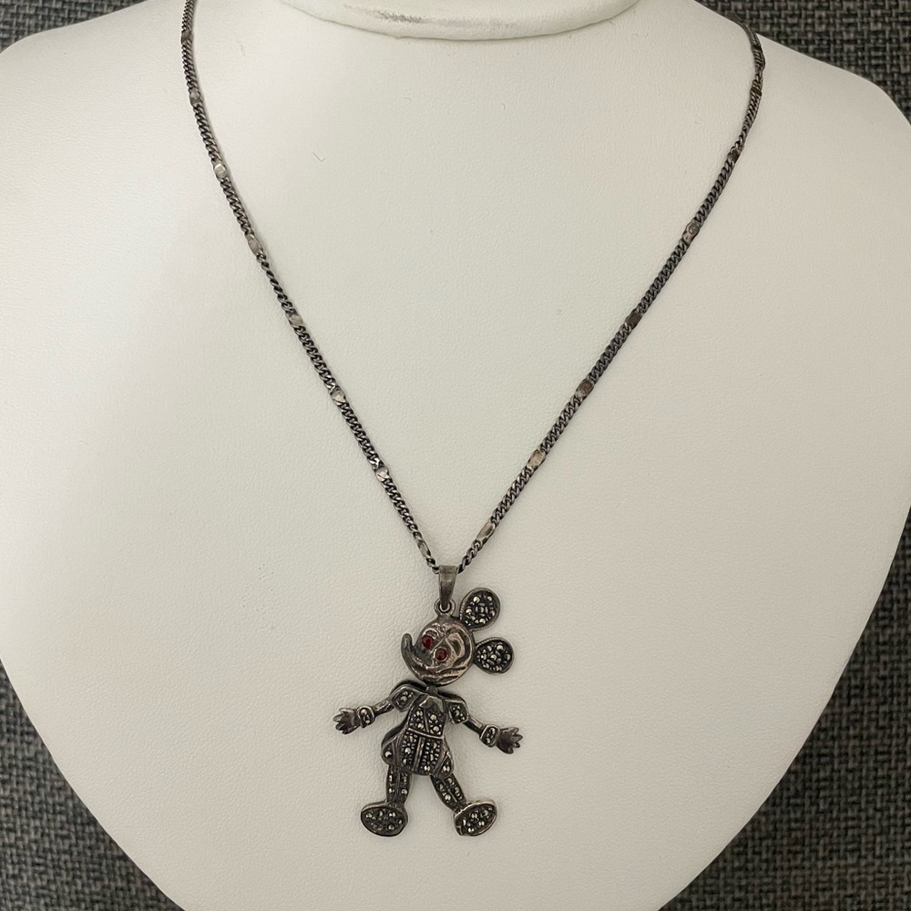 Vintage Minnie Mouse Sterling Silver Marcasite Pendant Necklace